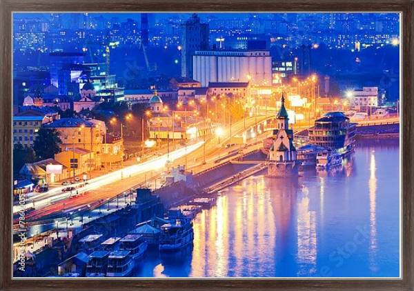 Постер Украина, Киев. Ночная набережная с типом исполнения На холсте в раме в багетной раме 221-02
