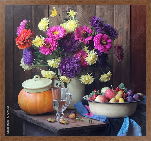 Постер Большой натюрморт с осенними цветами и плодами с типом исполнения На холсте в раме в багетной раме 1727.4310