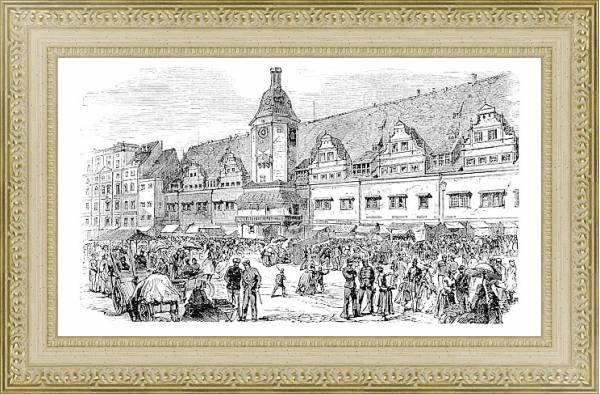 Постер City Hall and market place in Leipzig, Germany, vintage engraving с типом исполнения Акварель в раме в багетной раме 484.M48.725