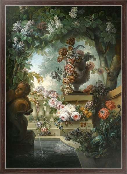 Постер A Garden Scene With An Urn Of Flowers, A Flower Garland And A Fountain Beneath A Canopy Of Wisteria с типом исполнения На холсте в раме в багетной раме 221-02