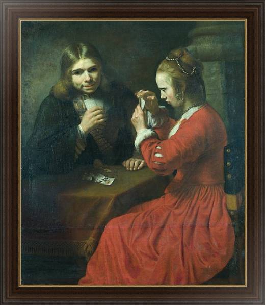 Постер Молодые юноша и девушка, играющие в карты с типом исполнения На холсте в раме в багетной раме 1.023.151