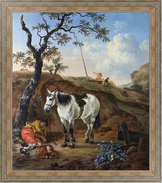 Постер Белая лошадь у спящего мужчины с типом исполнения На холсте в раме в багетной раме 484.M48.310