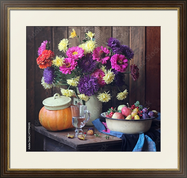 Постер Большой натюрморт с осенними цветами и плодами с типом исполнения Под стеклом в багетной раме 1.023.036