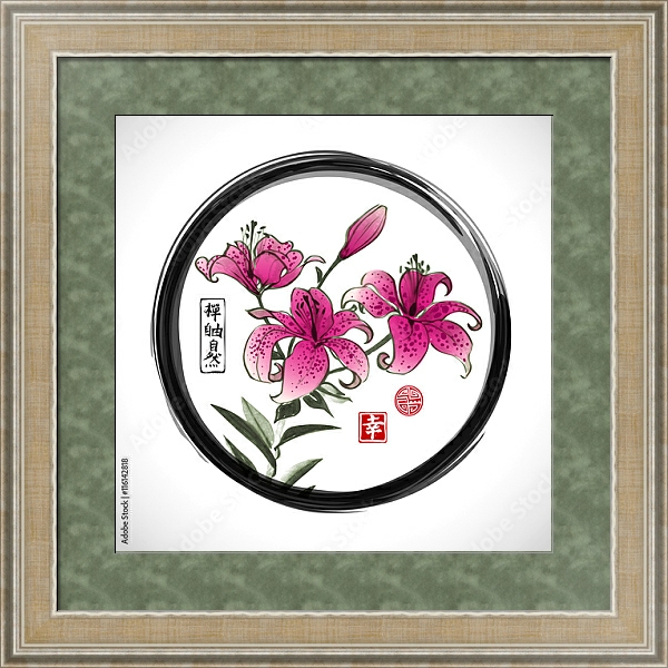 Постер Розовые цветы лилии в черном окружении с типом исполнения Акварель в раме в багетной раме 485.M40.584