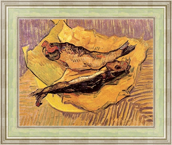 Постер Натюрморт: копченая селедка на куске желтой бумаги с типом исполнения На холсте в раме в багетной раме NA053.0.113