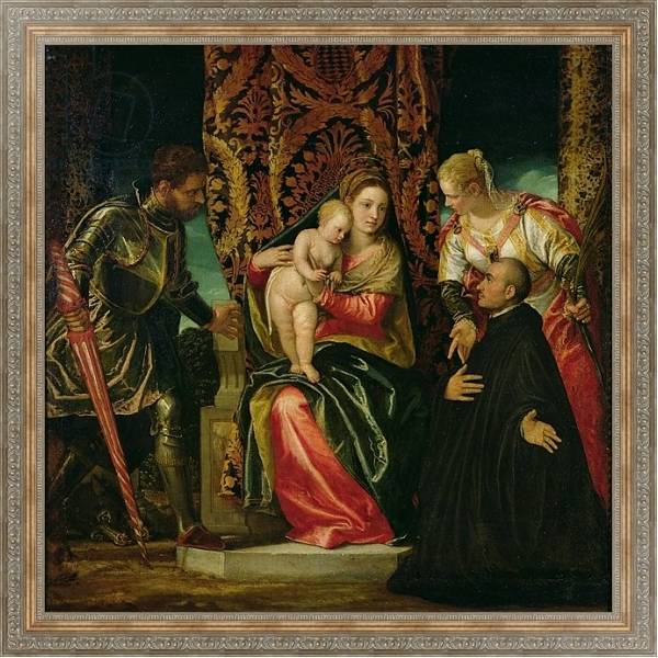 Постер Virgin and Child between St. Justine and St. George, with a Benedictine monk с типом исполнения На холсте в раме в багетной раме 484.M48.310