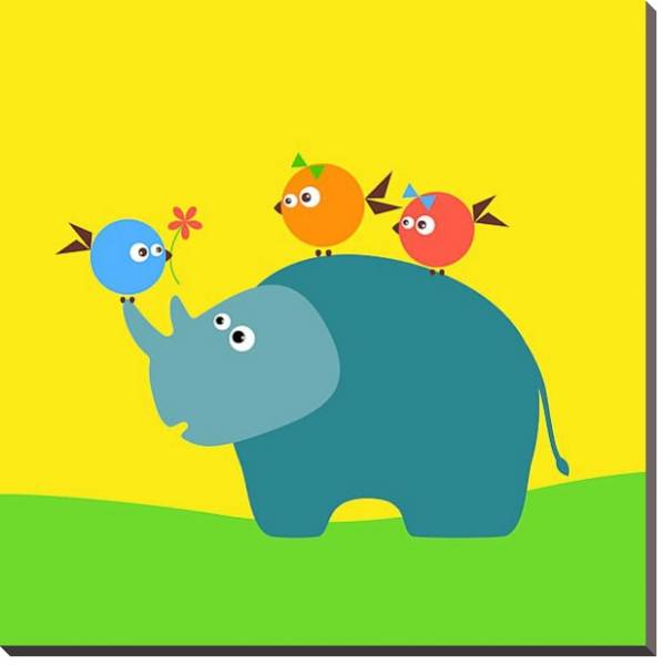 Постер Друзья гиппопотам и птицы с типом исполнения На холсте в раме в багетной раме 221-03