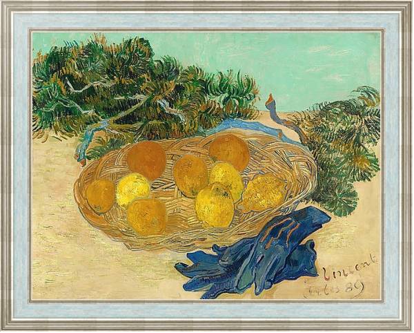 Постер Натюрморт с апельсинами, лимонами и синими перчатками с типом исполнения На холсте в раме в багетной раме NA053.0.114