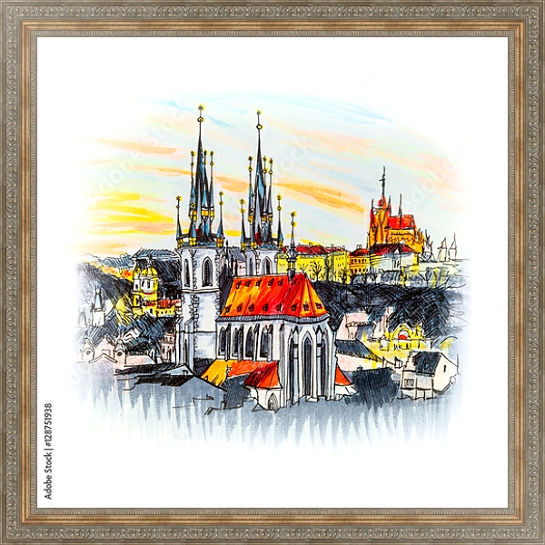 Постер Старый город с храмом на закате в Праге, Чехия, эскиз с типом исполнения На холсте в раме в багетной раме 484.M48.310