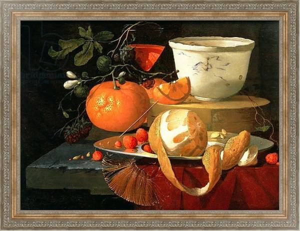 Постер Still life of an orange, a lemon and strawberry on a pewter plate, a wan-li bowl behind с типом исполнения На холсте в раме в багетной раме 484.M48.310