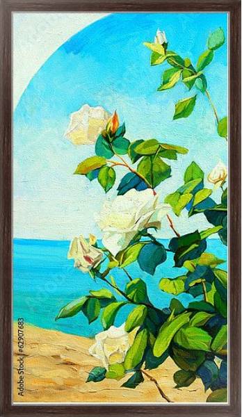 Постер Куст белых роз на фоне моря с типом исполнения На холсте в раме в багетной раме 221-02