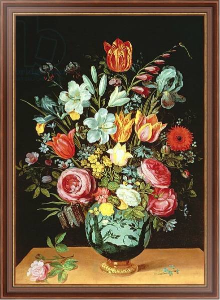 Постер A Still Life of Flowers in a Porcelain Vase Resting on a Ledge с типом исполнения На холсте в раме в багетной раме 35-M719P-83