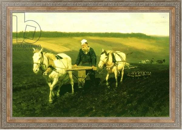 Постер The writer Lev Nikolaevich Tolstoy ploughing with horses, 1889 с типом исполнения На холсте в раме в багетной раме 484.M48.310