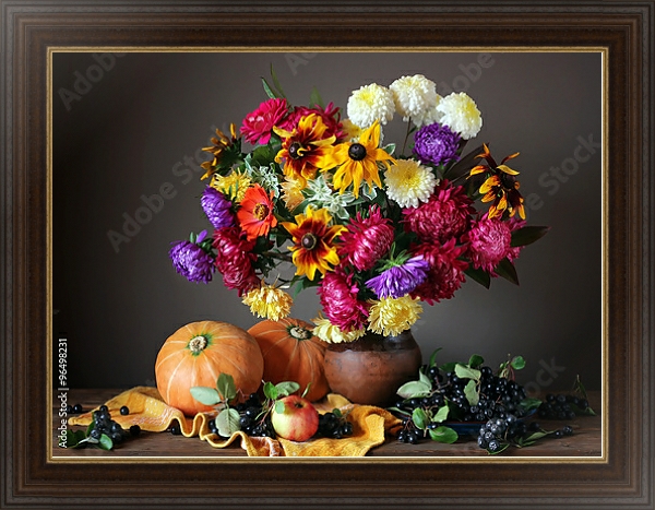 Постер Осенний натюрморт с цветами и фруктами. с типом исполнения На холсте в раме в багетной раме 1.023.151
