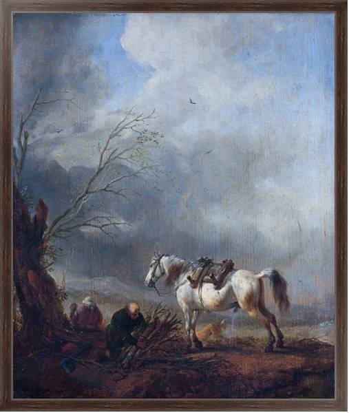 Постер Белая лошадь и престарелый мужчина, связывающий дрова с типом исполнения На холсте в раме в багетной раме 221-02