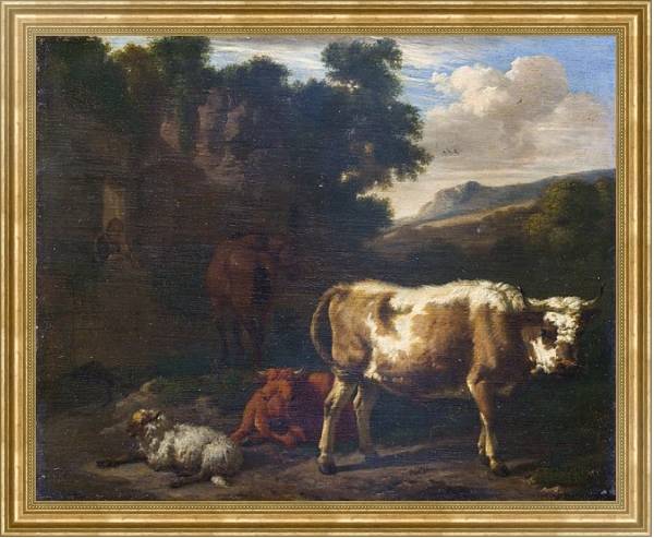 Постер Двое телят, овца и лошадь у руин с типом исполнения На холсте в раме в багетной раме NA033.1.051