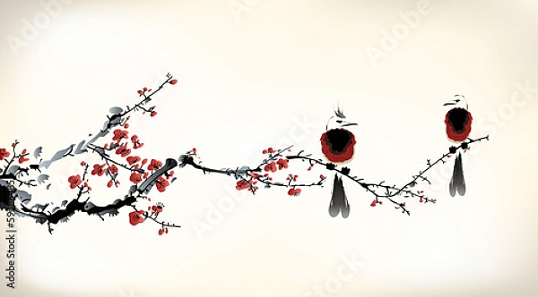 Постер Две птицы и ветка сакуры с типом исполнения На холсте без рамы
