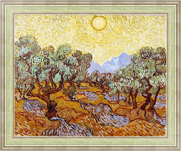 Постер Оливковые деревья с желтым небом и солнцем с типом исполнения На холсте в раме в багетной раме NA053.0.113