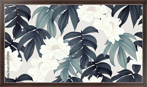 Постер Белые пионы в зеленых листьях с типом исполнения На холсте в раме в багетной раме 221-02