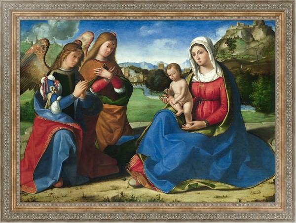 Постер Дева Мария и младенец с двумя ангелами с типом исполнения На холсте в раме в багетной раме 484.M48.310