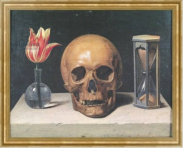 Постер Vanitas Still Life with a Tulip, Skull and Hour-Glass с типом исполнения На холсте в раме в багетной раме NA033.1.051