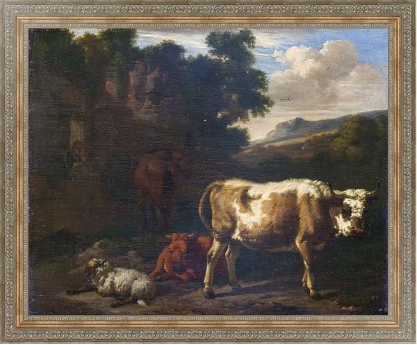 Постер Двое телят, овца и лошадь у руин с типом исполнения На холсте в раме в багетной раме 484.M48.310