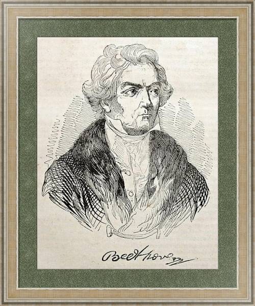 Постер Ludwig van Beethoven old engraved portrait and autograph. Published on Magasin Pittoresque, Paris, 1 с типом исполнения Акварель в раме в багетной раме 485.M40.584