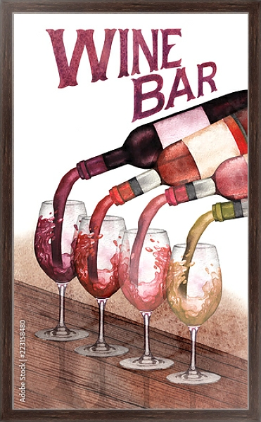 Постер Акварельные красные, белые и розовые вина, налитые из бутылок в стаканы, стоящие на деревянном столе с типом исполнения На холсте в раме в багетной раме 221-02