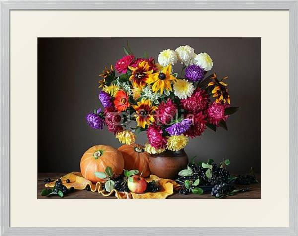 Постер Осенний натюрморт с цветами и фруктами. с типом исполнения Под стеклом в багетной раме 1727.2310
