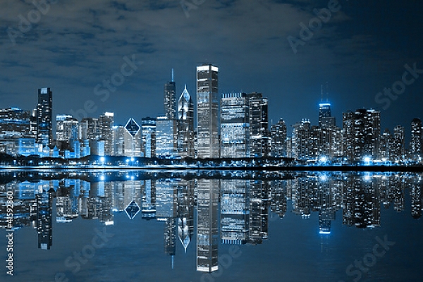 Постер Чикаго ночью с типом исполнения На холсте без рамы