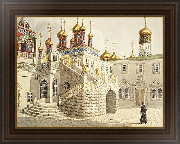 Постер Боярская площадка и храм Спас за золотой решеткой в Московском Кремле с типом исполнения На холсте в раме в багетной раме 1.023.151