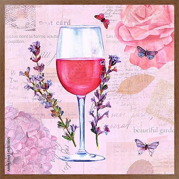 Постер Бокал с вином и цветами лаванды с типом исполнения На холсте в раме в багетной раме 1727.4310
