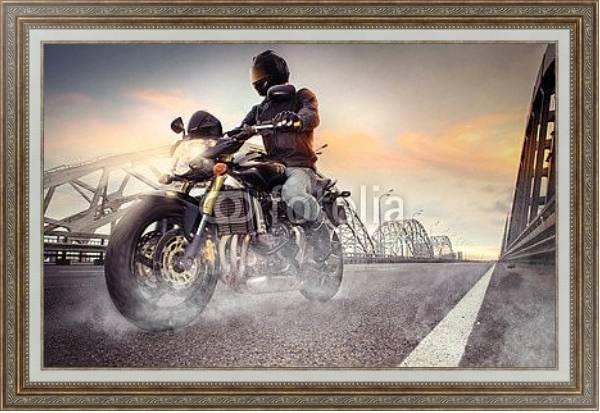 Постер Мотоциклист на городском мосту с типом исполнения На холсте в раме в багетной раме 595.M52.330