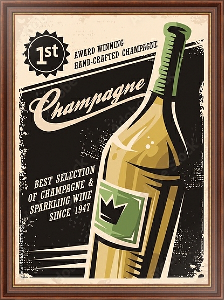 Постер Champagne vintage poster design with bottle and creative typo on dark background с типом исполнения На холсте в раме в багетной раме 35-M719P-83