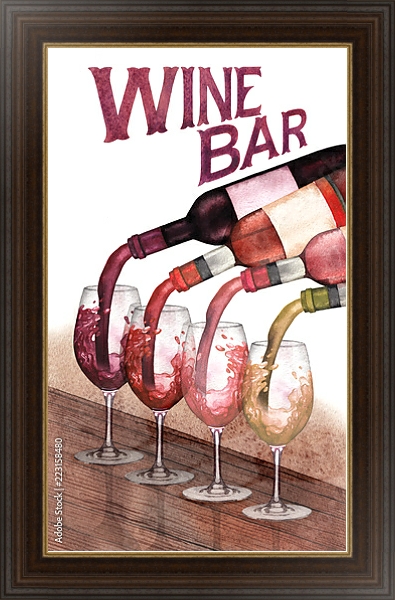 Постер Акварельные красные, белые и розовые вина, налитые из бутылок в стаканы, стоящие на деревянном столе с типом исполнения На холсте в раме в багетной раме 1.023.151