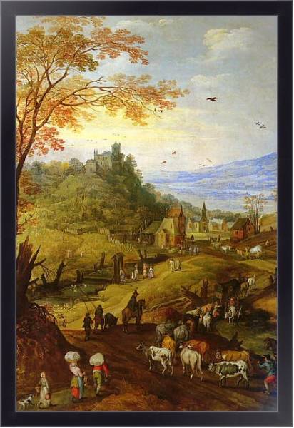 Постер Горный пейзаж со скотом на дороге с типом исполнения На холсте в раме в багетной раме 221-01