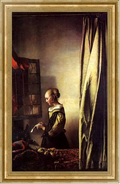Постер Девушка у открытого окна, читающая письмо с типом исполнения На холсте в раме в багетной раме NA033.1.051
