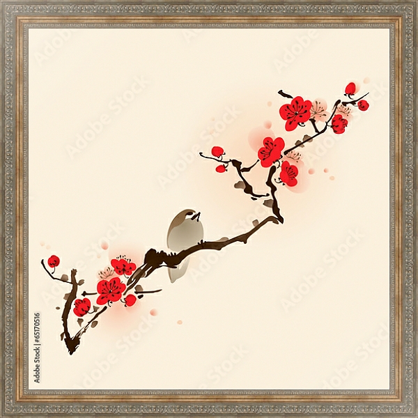 Постер Птичка и сакура в цвету с типом исполнения На холсте в раме в багетной раме 484.M48.310