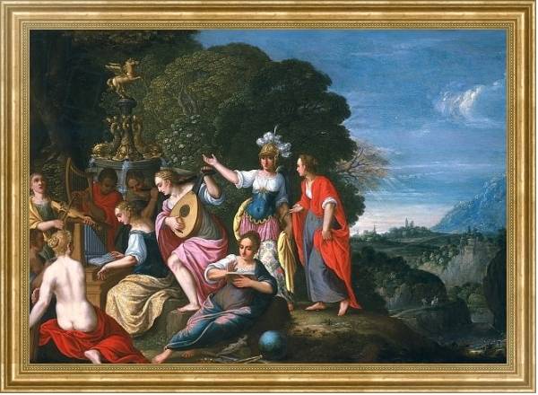 Постер Athene and the Nine Muses at the Wells of Hipokrene, 1624 с типом исполнения На холсте в раме в багетной раме NA033.1.051