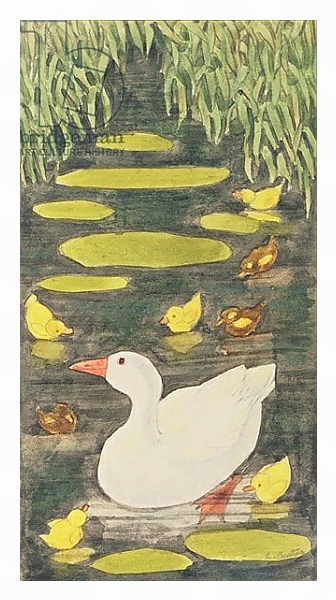 Постер Mother Duck in the pond with her ducklings с типом исполнения На холсте в раме в багетной раме 221-03