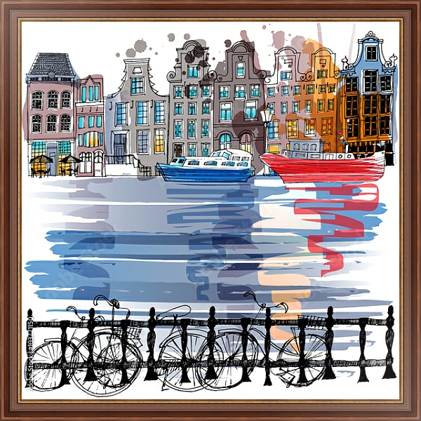 Постер Улица с каналом в Амстердаме с типом исполнения На холсте в раме в багетной раме 35-M719P-83