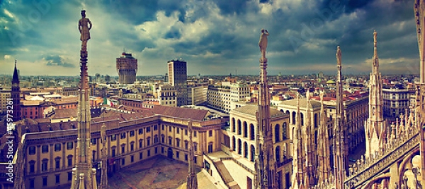 Постер Милан, панорамный вид с крыш с типом исполнения На холсте без рамы