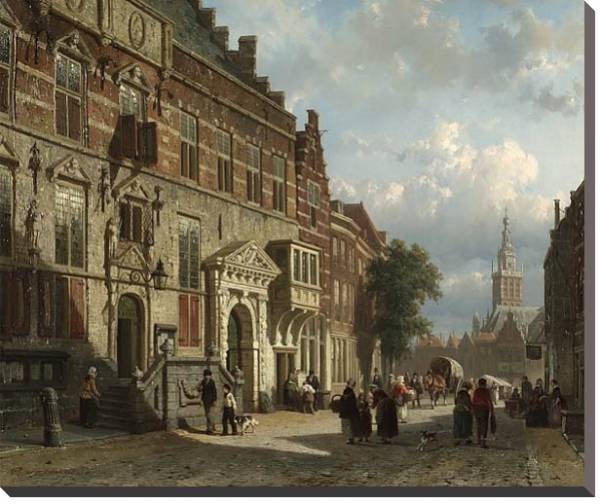 Постер The Town Hall on the Burchtstraat with St Steven's Church beyond, Nijmegen с типом исполнения На холсте без рамы