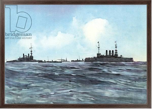 Постер The Indiana and New York Flanked and Guarded by Torpedo-Boats and Cruisers с типом исполнения На холсте в раме в багетной раме 221-02
