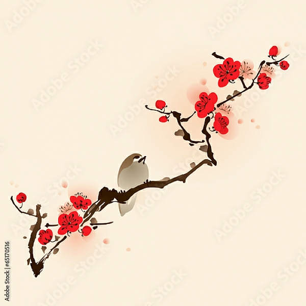 Постер Птичка и сакура в цвету с типом исполнения На холсте без рамы