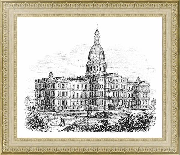 Постер Michigan State Capitol Building. Lansing, United States vintage engraving с типом исполнения Акварель в раме в багетной раме 484.M48.725