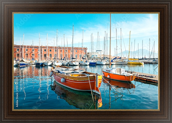 Постер Италия, Неаполь. Street view of Naples harbor with boats с типом исполнения На холсте в раме в багетной раме 1.023.151