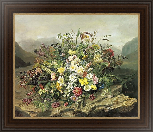 Постер Букет цветов на фоне горного пейзажа с типом исполнения На холсте в раме в багетной раме 1.023.151