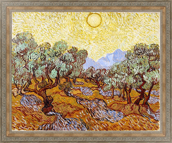 Постер Оливковые деревья с желтым небом и солнцем с типом исполнения На холсте в раме в багетной раме 484.M48.310