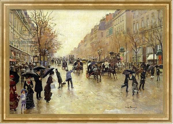Постер Boulevard Poissonniere in the Rain, c.1885 с типом исполнения На холсте в раме в багетной раме NA033.1.051